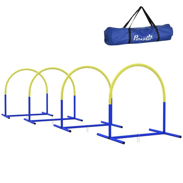 Dog Agility-sett på 4, 88 x 64 x 95 cm, med 4 buer, bæreveske, bærbar, for eldre eller veldig unge hunder, PE, ABS, gul