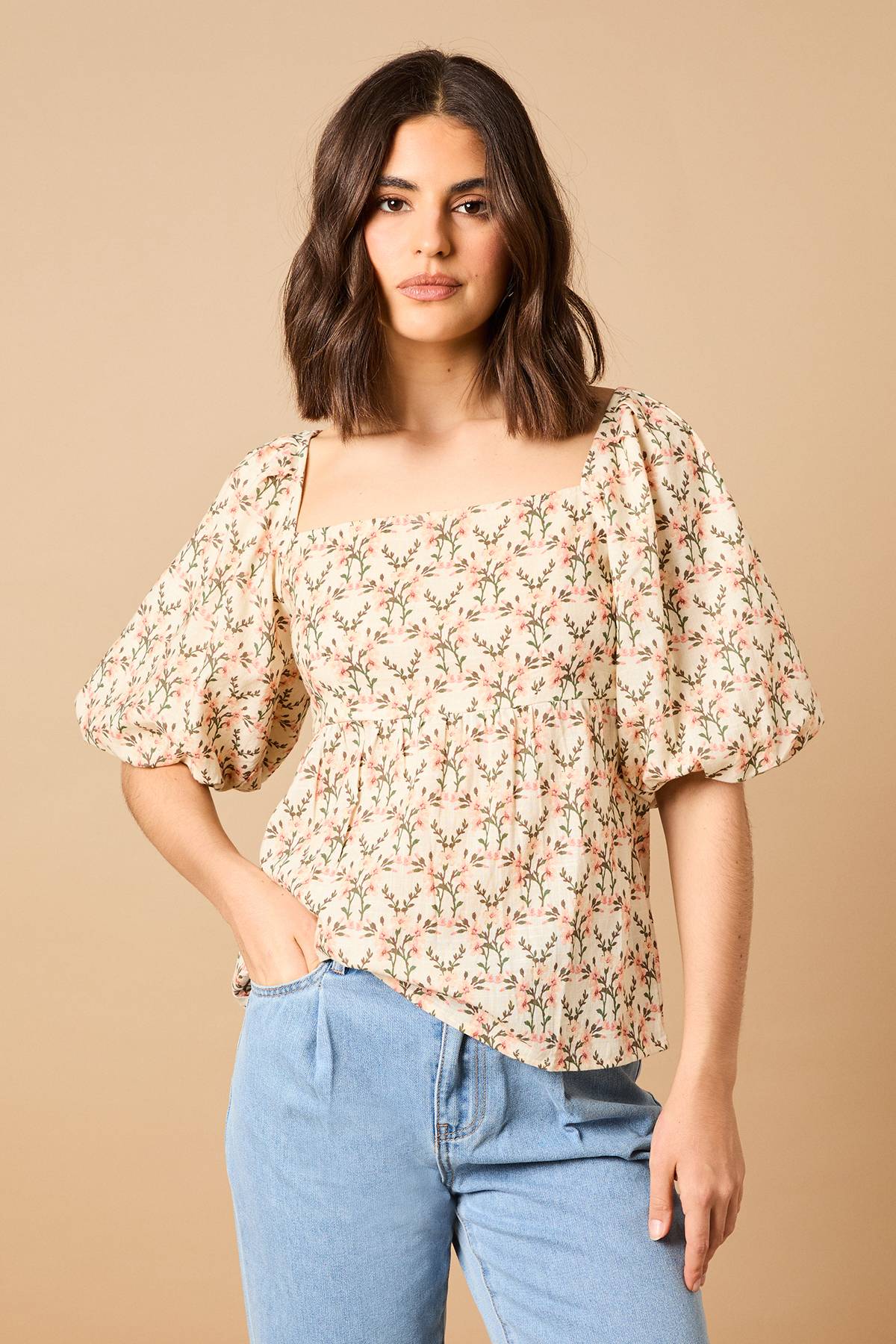 Oasis Haut en Coton à Manches Bouffantes et Col Carré Imprimé