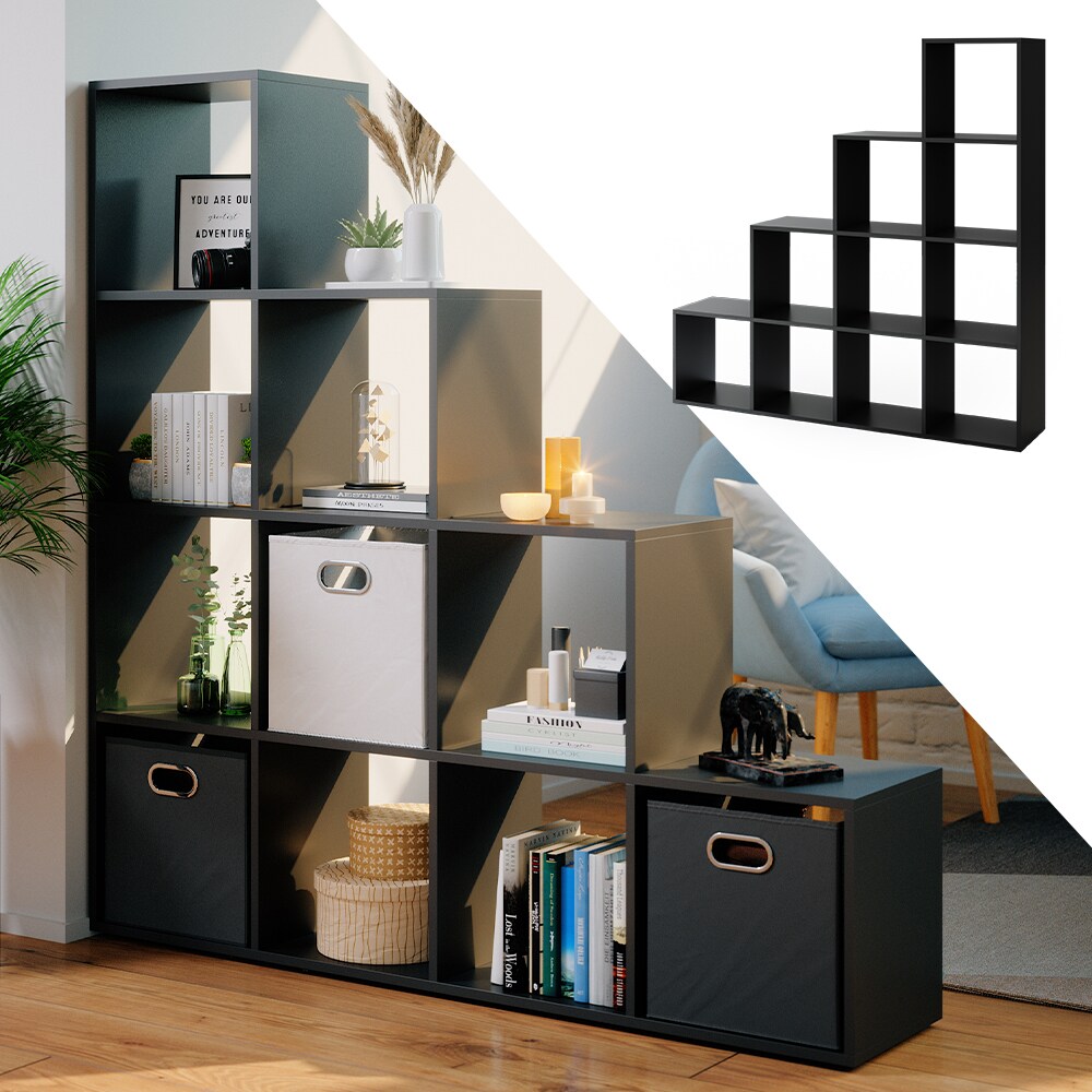 VICCO Treppenregal 10 Fächer Schwarz - Raumteiler Stufenregal Bücherregal