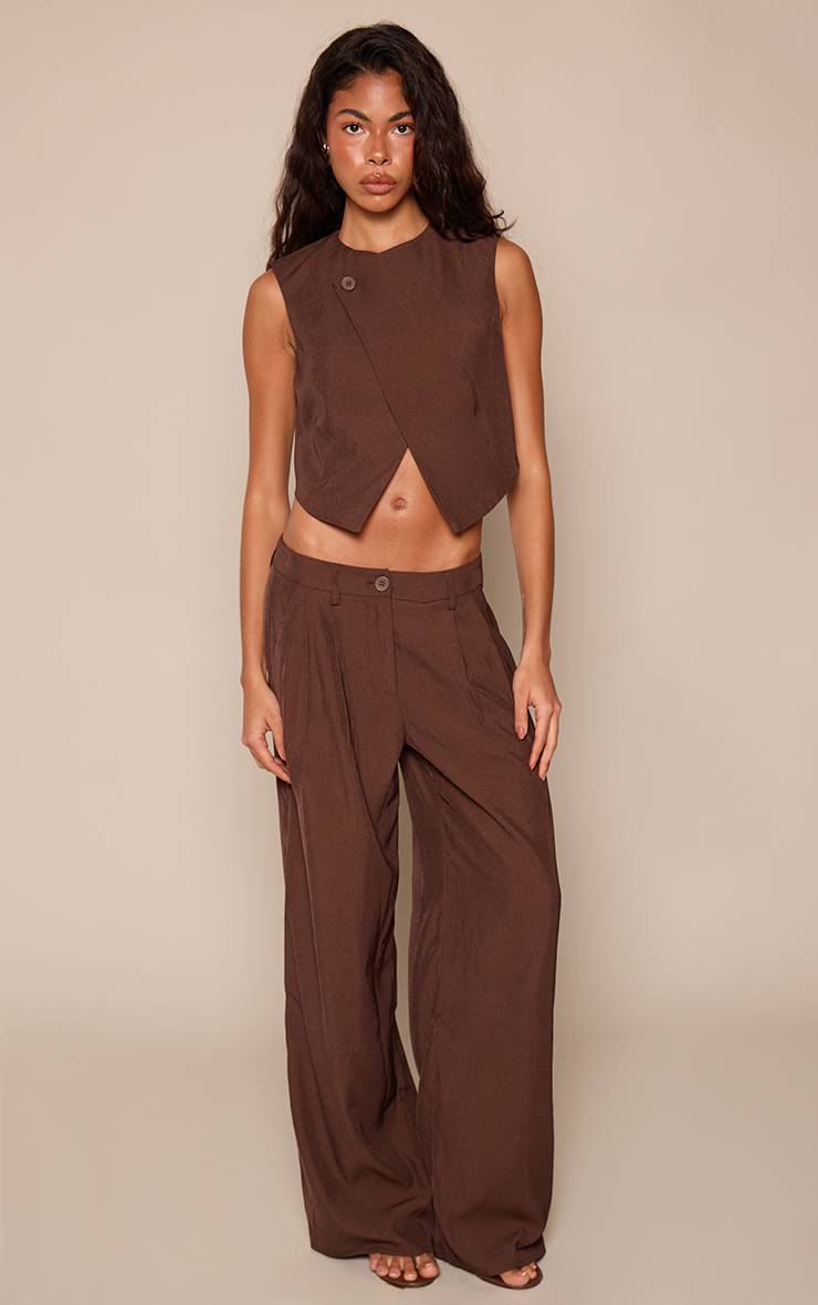 Dark Chocolate Pantalon Large Taille Mi-haute En Tissu Structuré Ensemble Coordonné