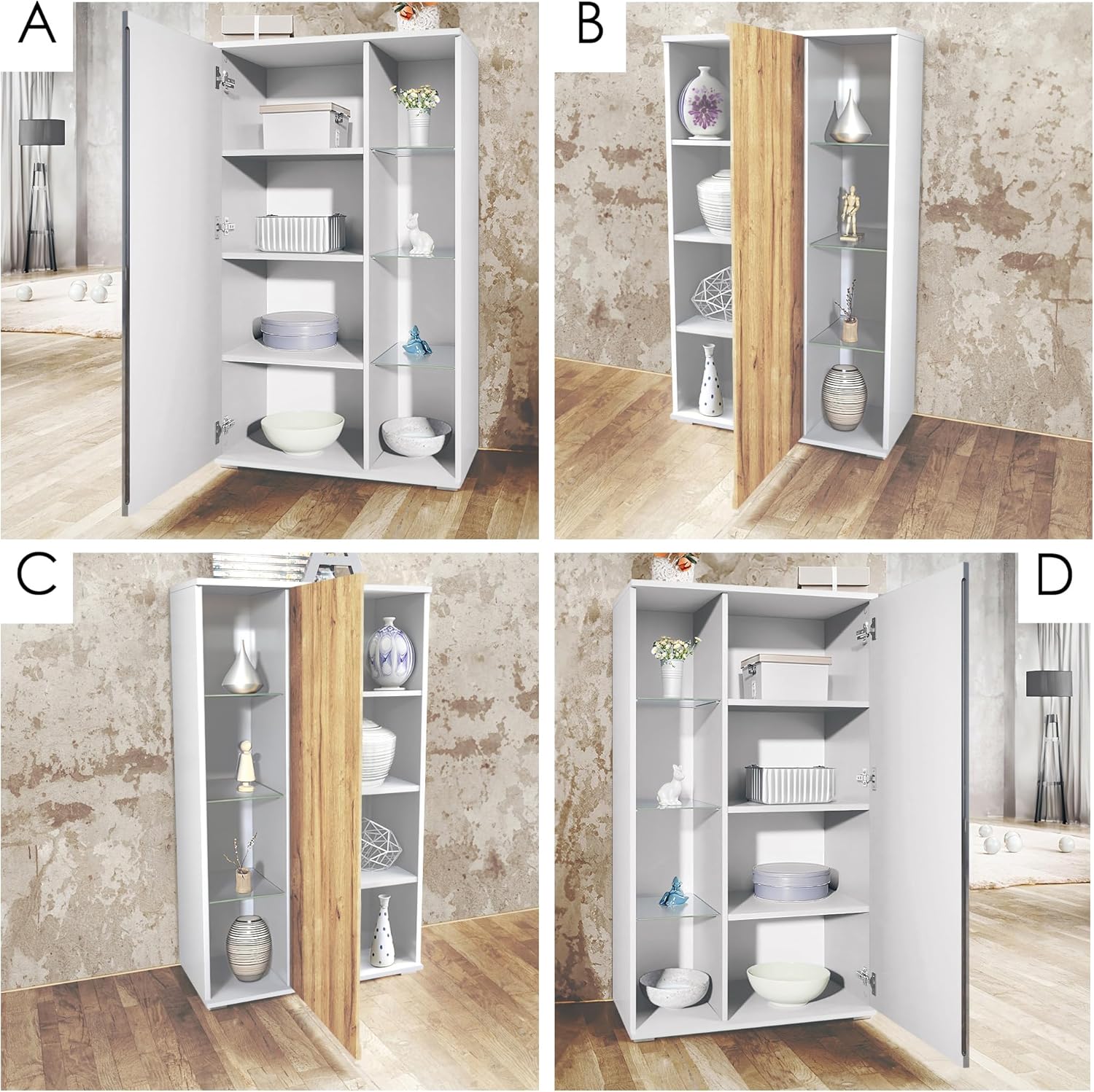 Vladon Vitrine Davos, Made in Germany, Standvitrine mit 3 Glasböden und 8 Fächer, Weiß matt/Weiß Hochglanz (71,5 x 134 x 35 cm)