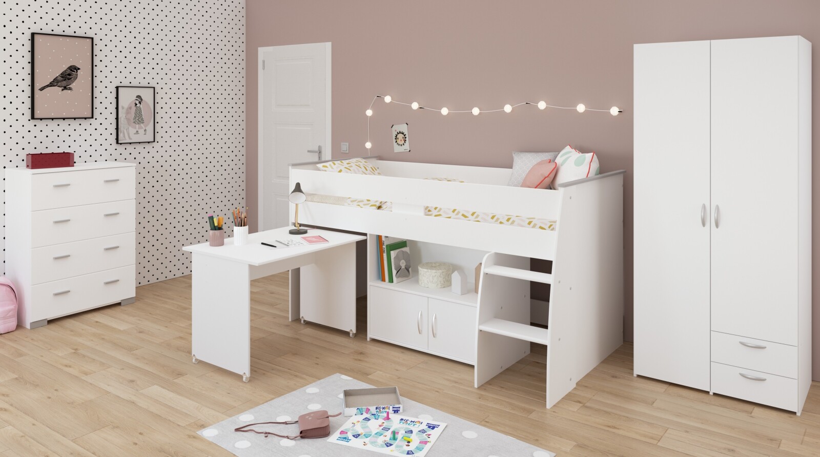 4-teiliges Kinderzimmer-Set REVERSE 11 - weiß - integrierte Leiter