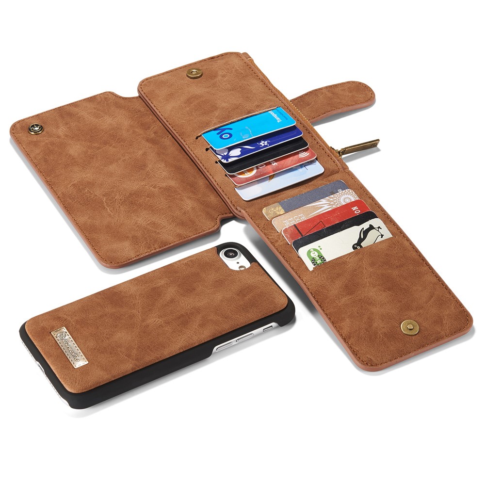 iPhone SE (2022/2020) / 8 / 7 3in1 Leder Tasche   Magnet Hardcase und Karten Etui (Vertikal Ausklappbar) - Hellbraun