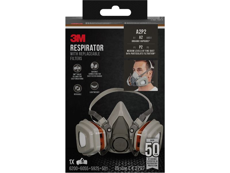 3M Farbspritzmaske 6002C inkl. Ersatzfilter A /FFP2 Farbspritzmaske mit Wechselfilter, 1 Stück enthalten