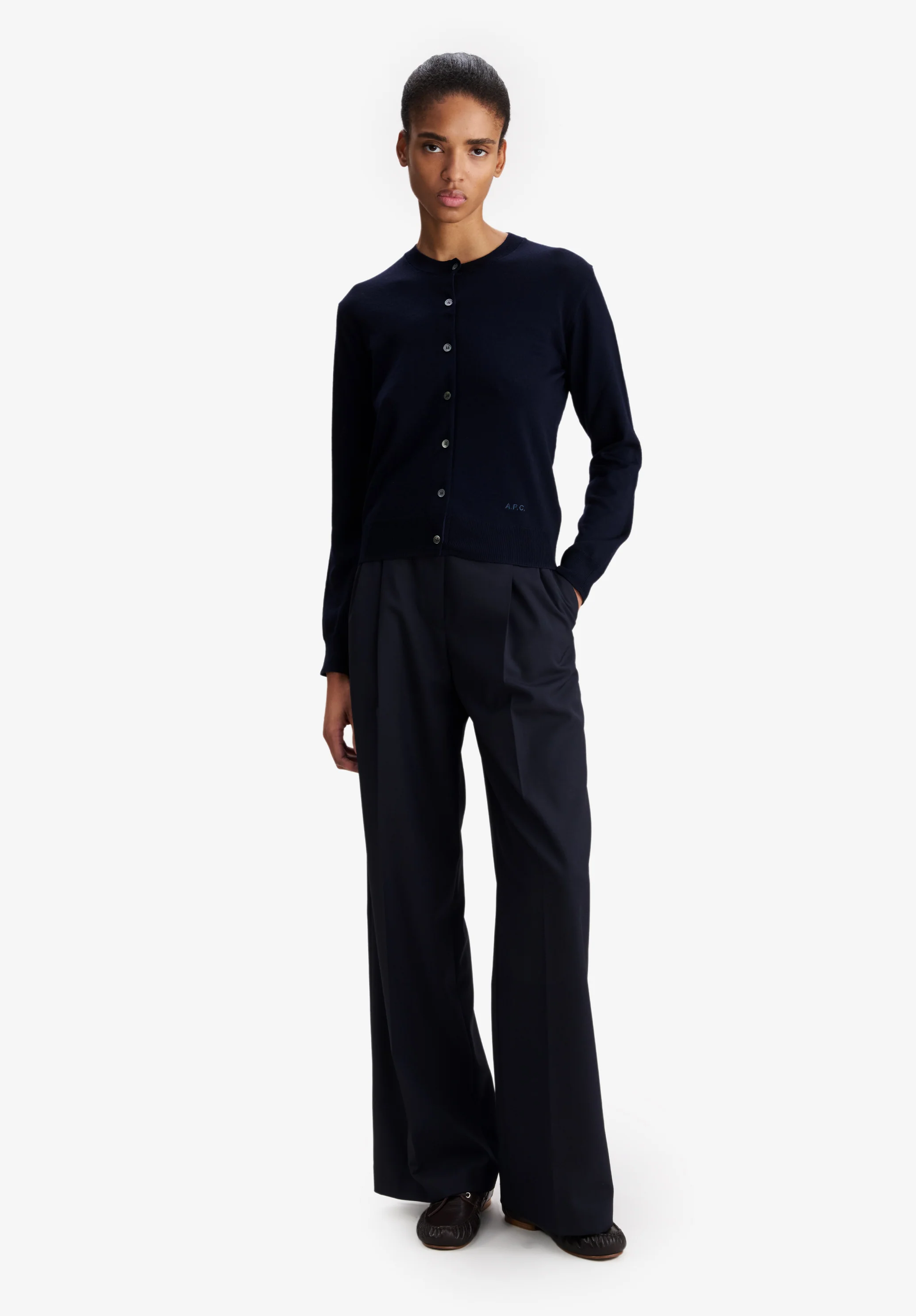 Pantalon bleu marine ample en laine mélangée - Dark navy