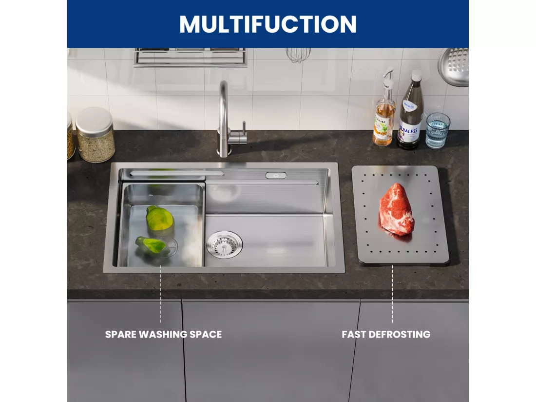 Évier Cuisine 1 Bac 70×44×21CM Évier Inox Brossé avec Egouttoir et Vasque + Robinet de Cuisine à eau Froide,Brossé