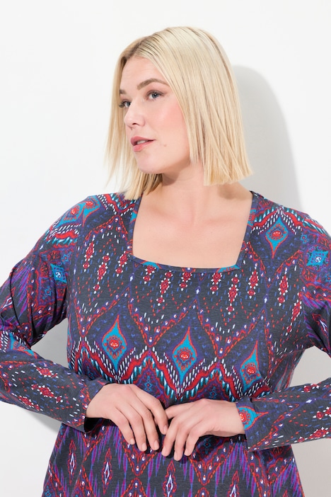 Longshirt, gemustert, A-Linie, Carree-Ausschnitt, Langarm