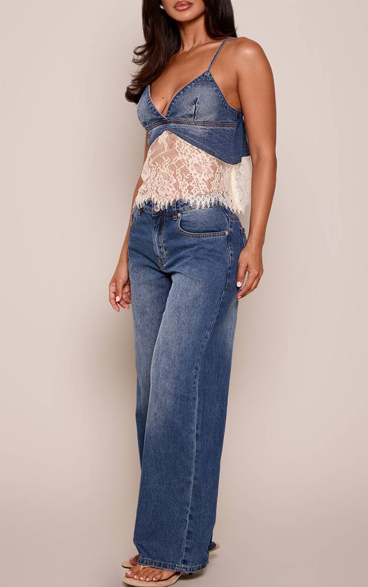 Délavage Vintage Jean Petite Taille Jambe Droite Taille Moyenne Léger