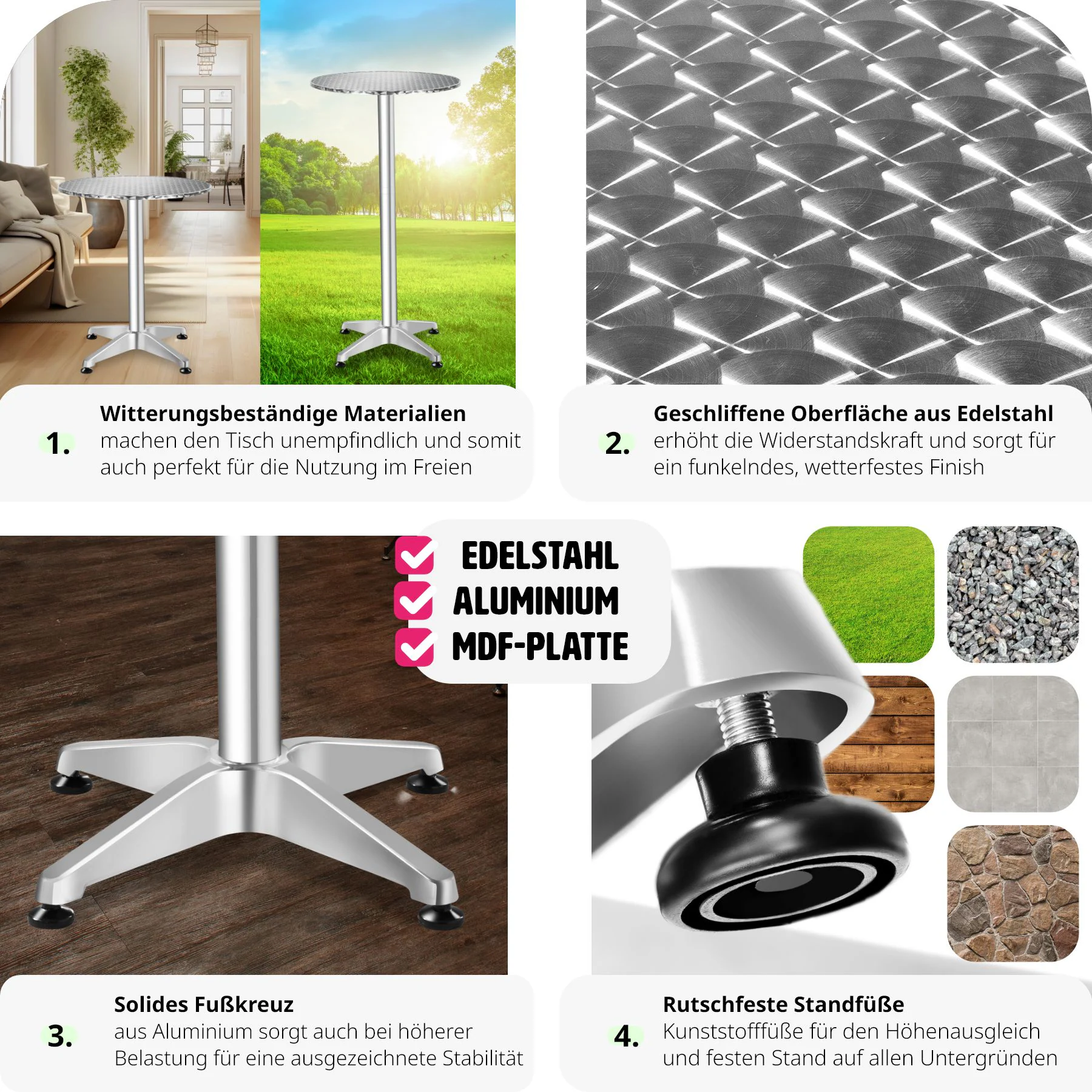 tectake® Stehtisch, aus Aluminium, rund, standfest und pflegeleicht, 60 x 70/110 cm