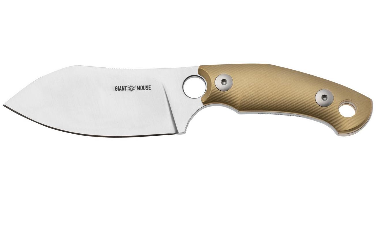 GiantMouse GMF1-XL Brass Milled, Satin Elmax, Burgundy Leather Sheath, vaststaand mes