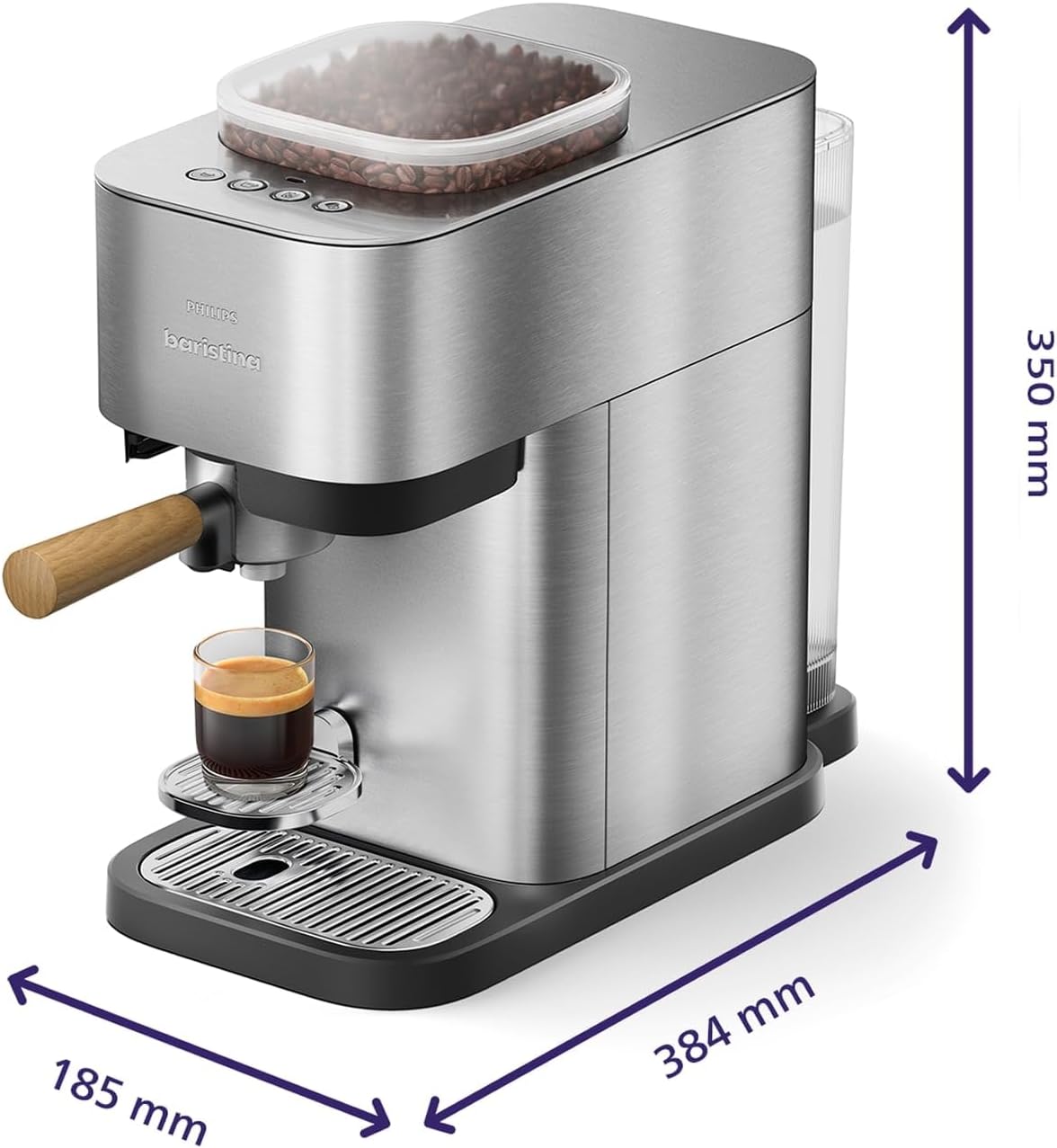 PHILIPS Baristina Plus Espressomaschine, Automatisches Mahlen, Tampen & Brühen, 16 Bar, Einfache Reinigung, Espresso, Iced Coffee, Café Crema, Mit Mahlwerk, Edelstahl mit Holz-Siebträger (BAR500/00)
