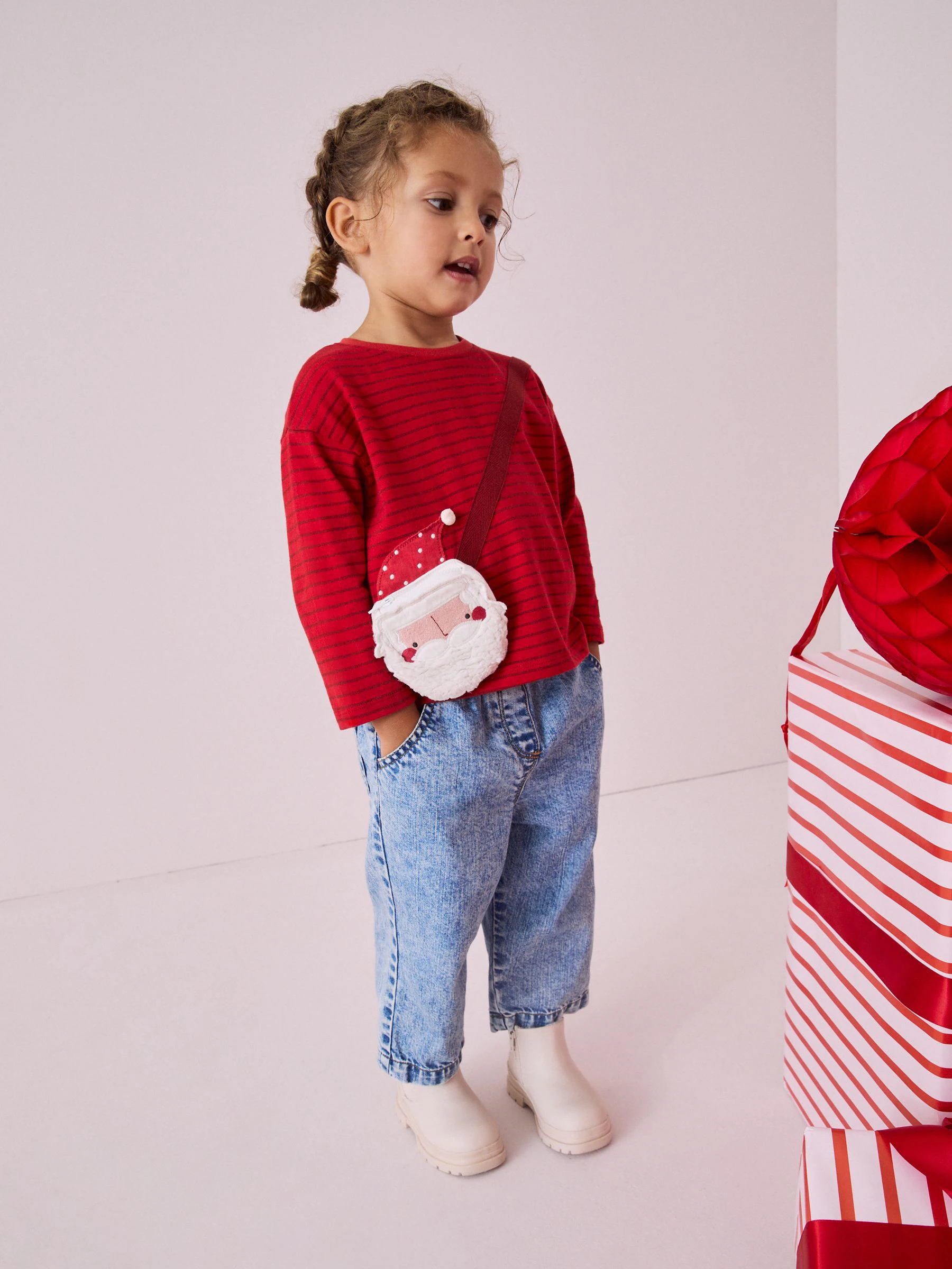 Rood kerstman - 100% katoenen T-shirt met lange mouwen en zak (3mnd-7jr)