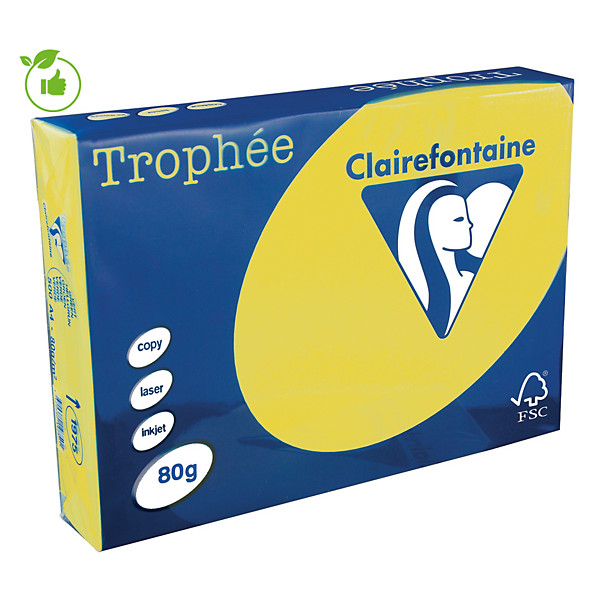 Papier couleur Trophée Clairefontaine jaune soleil A4 80g, 5 ramettes de 500 feuilles