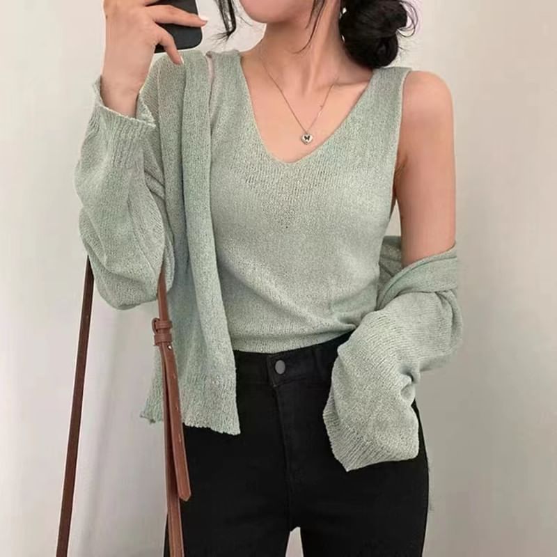 Hanji - Set: V-hals effen gebreide crop top + vest