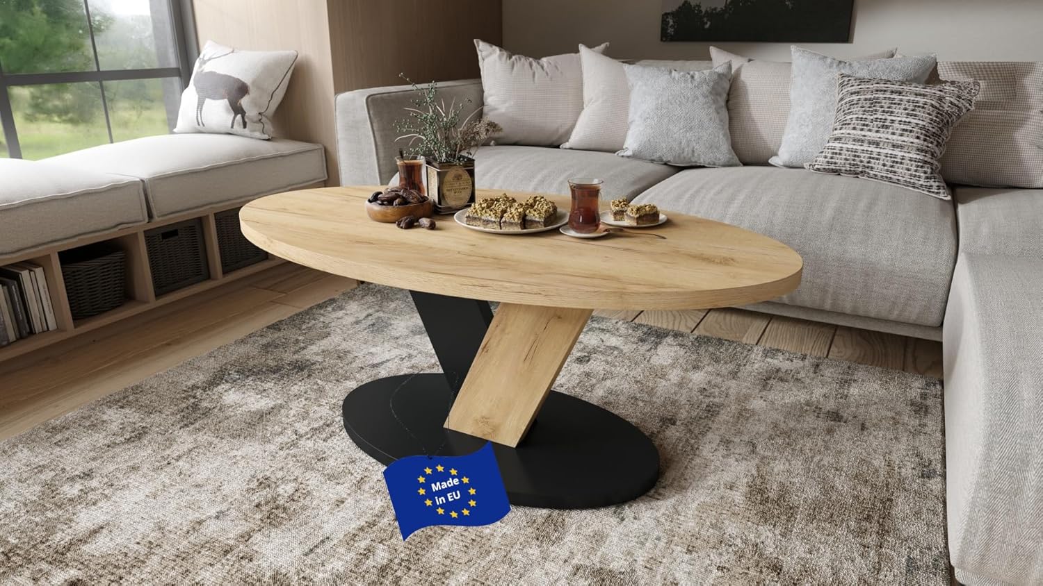 designimpex Design Couchtisch Lova Eiche Gold/Schwarz matt 110x45x60 cm oval Couch Table Ablage Stubentisch Living Room Table Moderne Tische ovaler Wohnzimmertisch Sofa Wohnzimmer Küchentisch