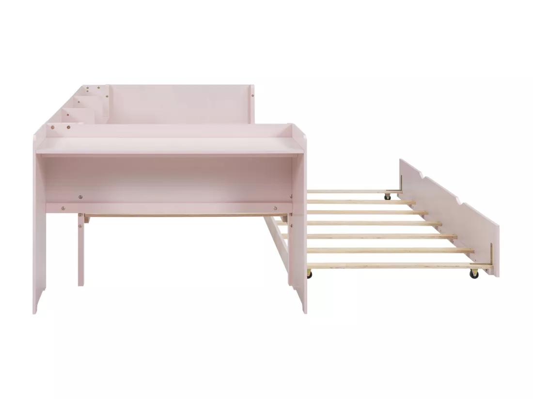 Lit gigogne 90x200cm+90x180cm, avec petit bureau, trois étagères sur le côté du lit, rose