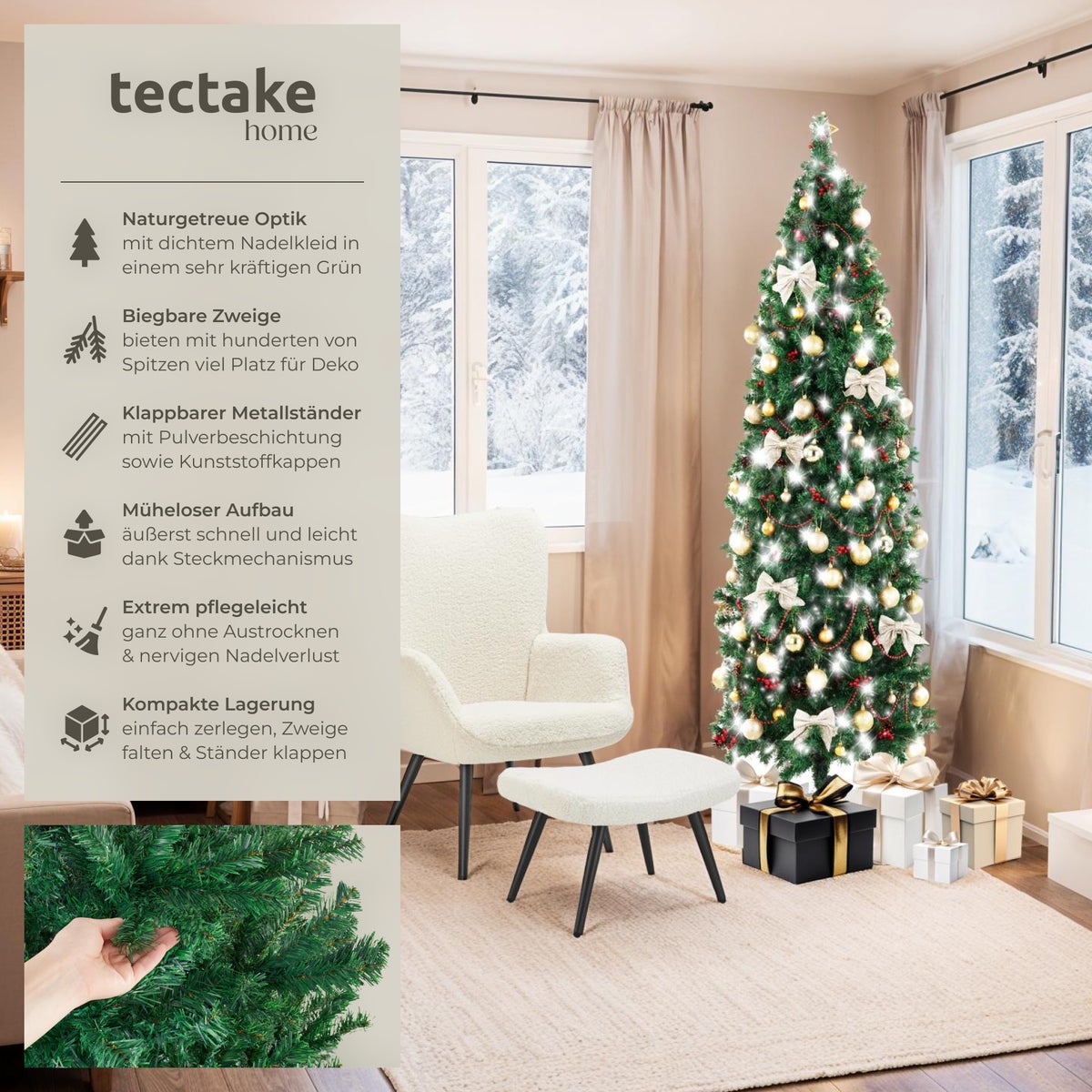 Kerstboom tectake Comet, diverse maten, kunstmatig in groen, met dichte naalden, gepoedercoate metalen standaard met kunststof doppen