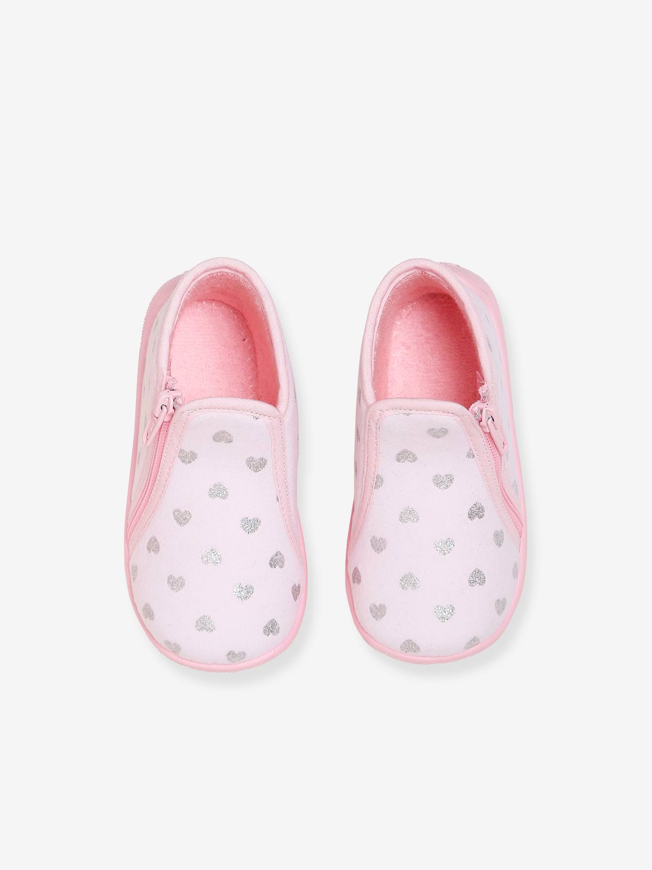 Pantufas de casa com zíper para bebê menina, fabricadas na França, estampa rosa claro
