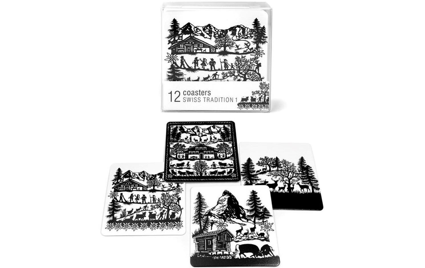 Glasuntersetzer Swiss Tradition 1 12 Stück, Schwarz/Weiss12 Untersetzer
