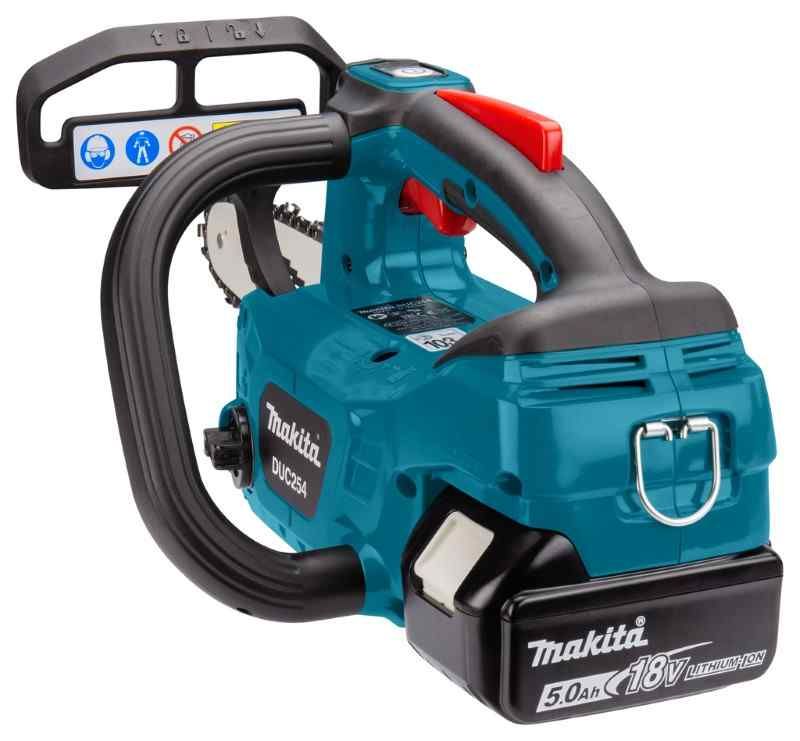 Makita DUC254PT4J 18 V Tophandle kettingzaag 25 cm  (4x5.0 Ah) en duo snellader, in mbox