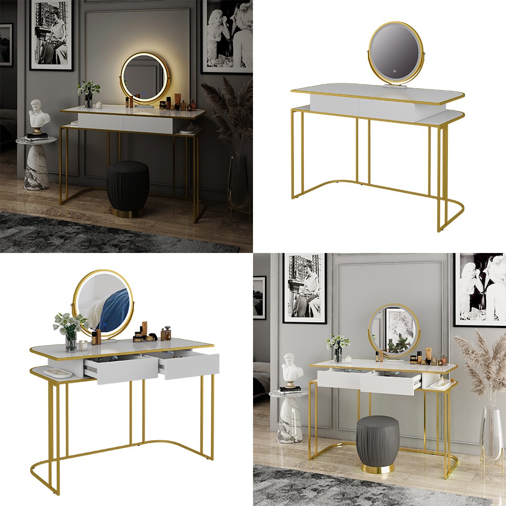 Vicco Schminktisch Tiara, 110 x 122 cm, Weiß Gold, Frisiertisch mit LED-Spiegel