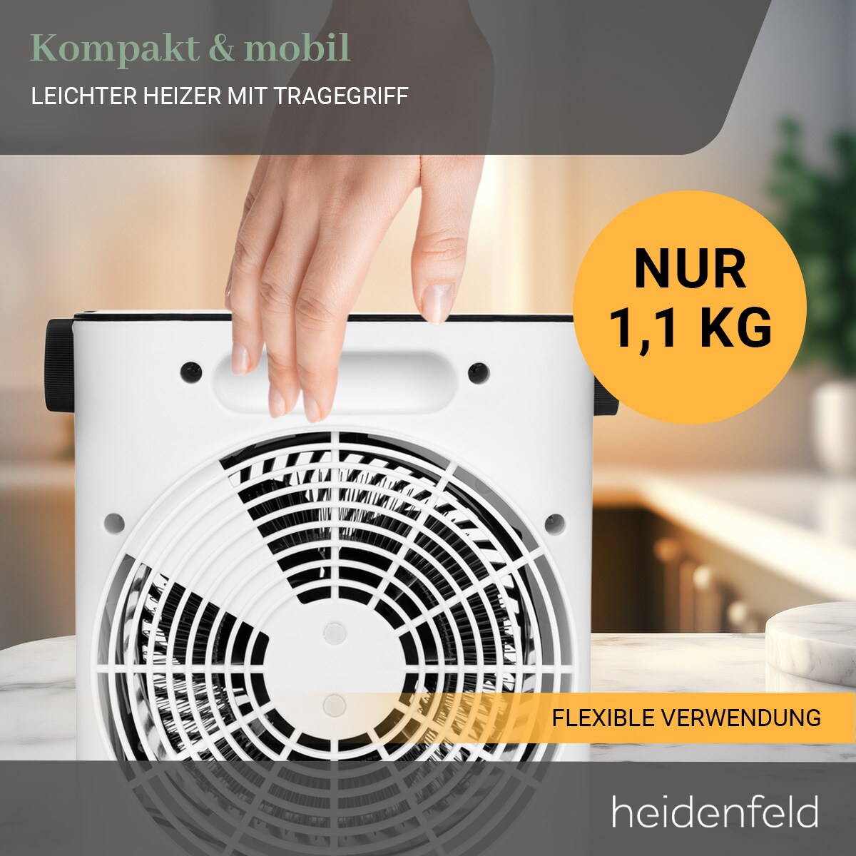 Heidenfeld Heizlüfter HL100, 1000-2000 Watt, Thermostat, Überhitzungsschutz, 25 m², PTC-Elemente
