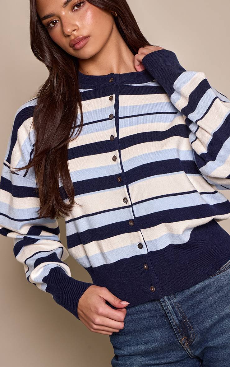 Bleu Cardigan En Maille Compacte À Rayures