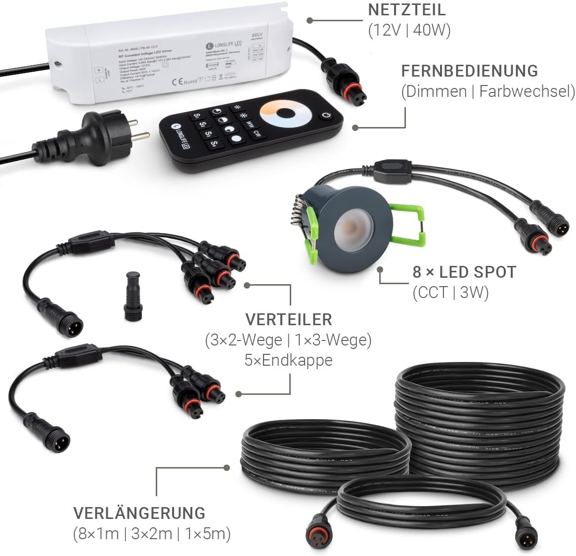 LongLife LED 8er Set Einbaustrahler Mini 3W CCT 2700K-6500K anthrazit RAL 7016 IP65 Dimmbare Strahler für Terrassenüberdachung, Carports, Dachüberständen