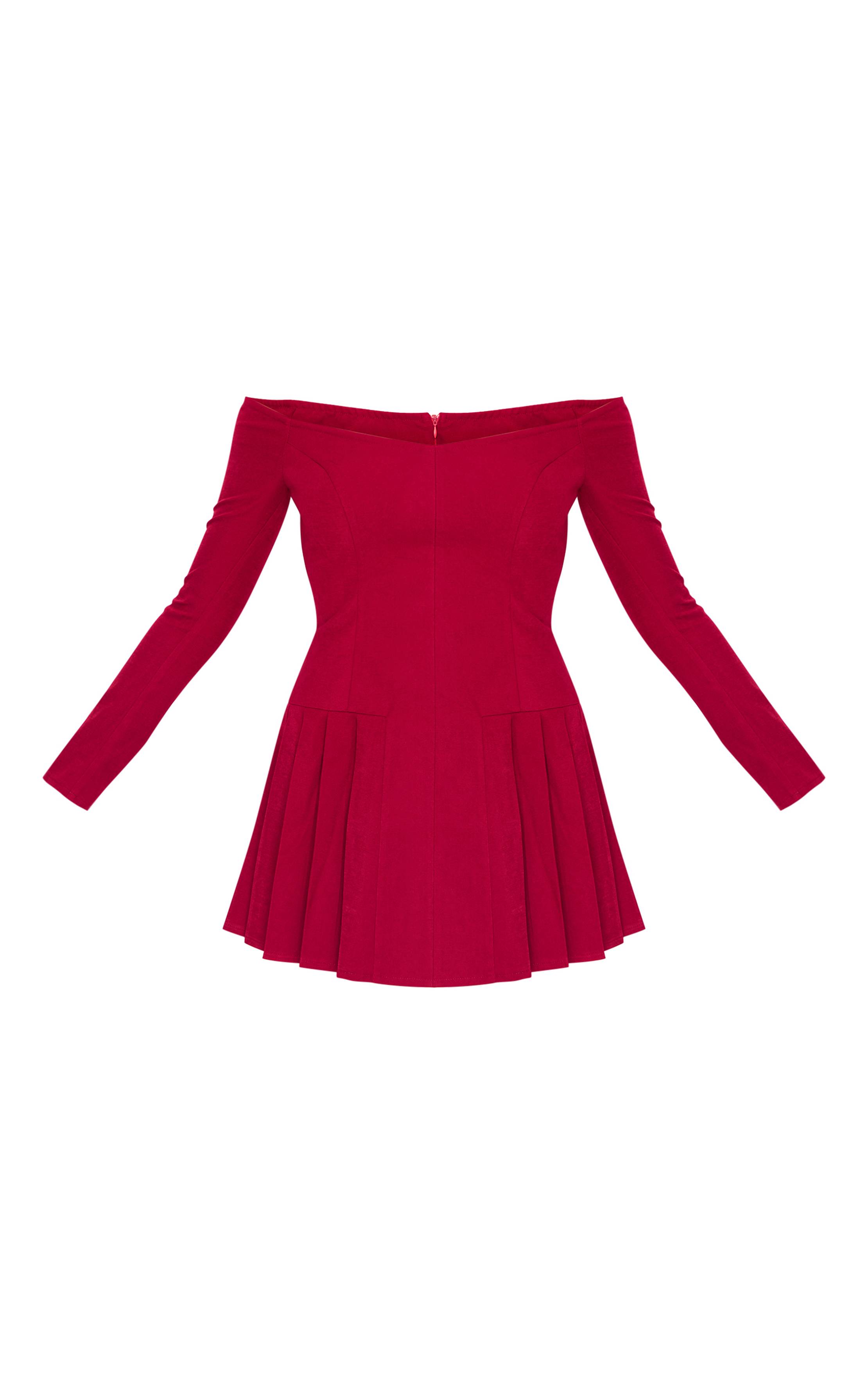Rouge Bordeaux Robe Droite Tissée À Épaules Dénudées Et Manches Longues