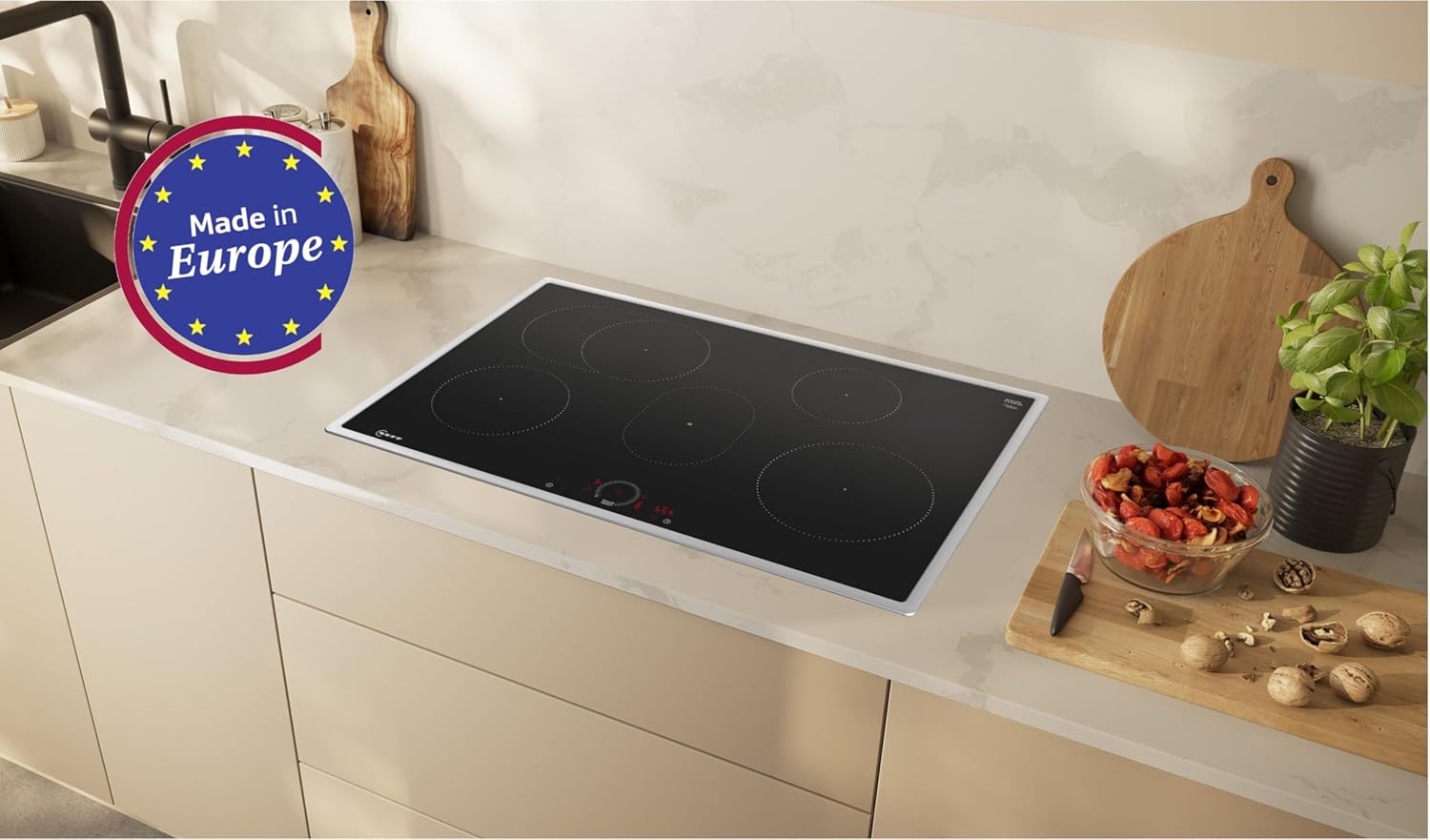 NEFF T58SHF1L0, N 70, Induktionskochfeld, autarkes Glaskeramik-Kochfeld 80 cm breit, Twist Touch, Home Connect, Smart Hood Automatic, Powerstufe, aufliegend, Schwarz