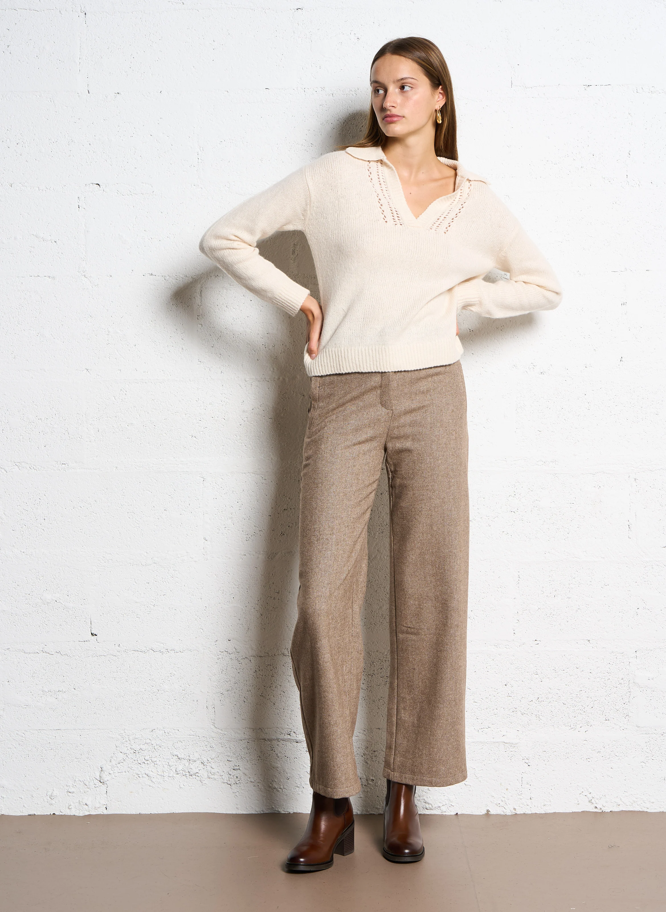 PHOEBE - Pantalon droit en laine mélangée | Marron