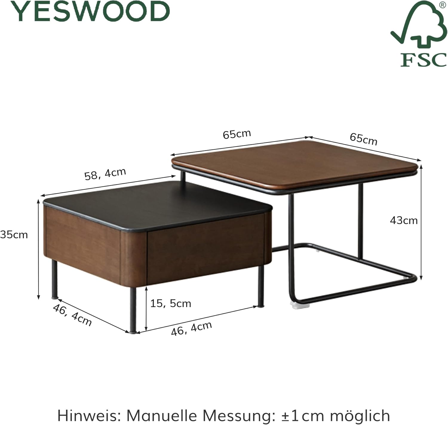 YESWOOD Massivholz Couchtisch 2 Set mit großem Stauraum, quadratischer Beistelltisch 2er Set, Kombinierbar, im Bauhaus-Stil, Tischplatte aus Keramik, für Wohnzimmer, Gummiholz in Walnussfarbe
