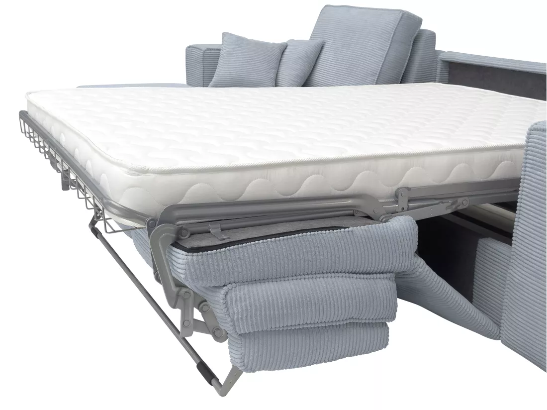 Canapé d'angle gauche convertible express en velours côtelé gris clair - Couchage 140 cm - Matelas 13 cm AMELIA II