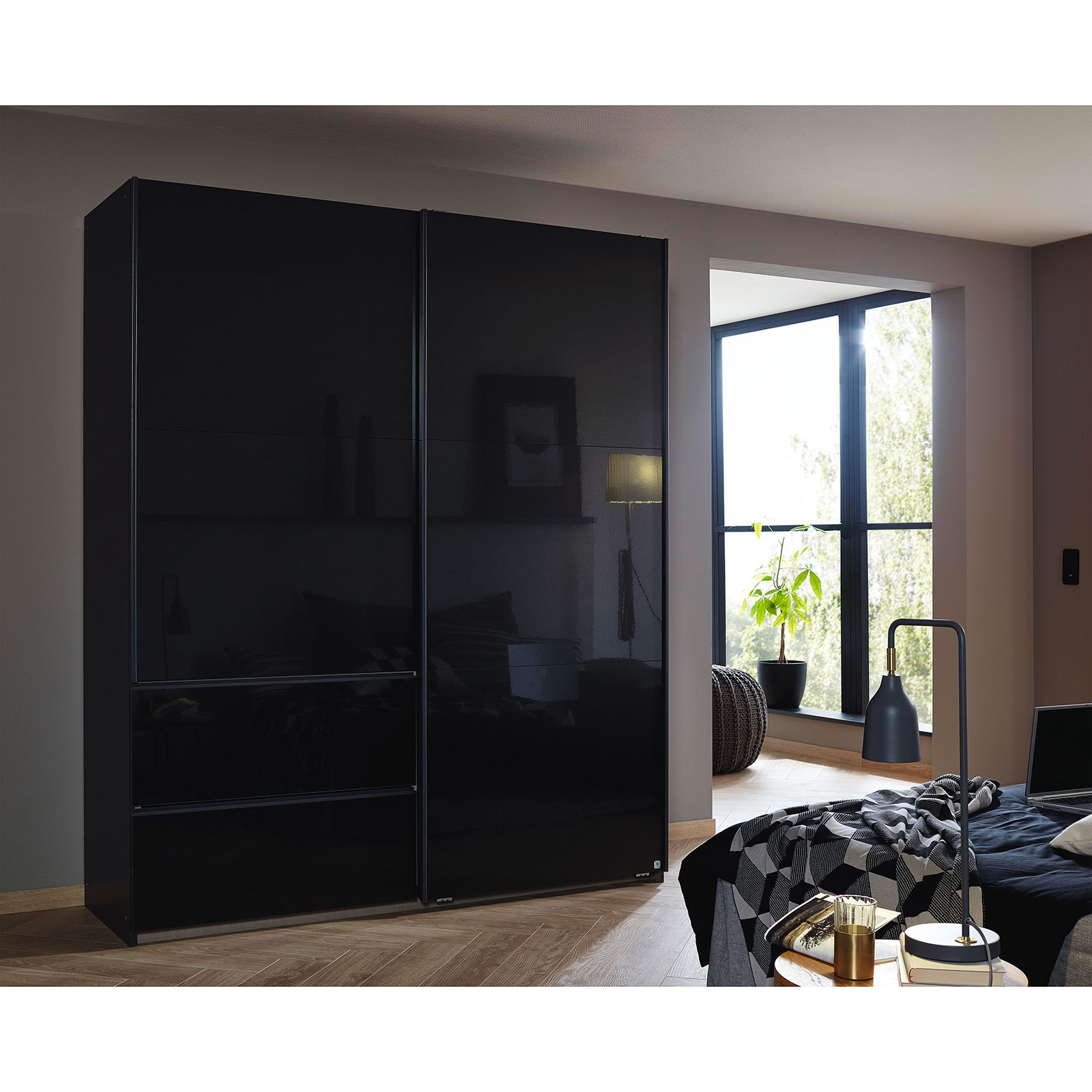 Schwebetürenschrank - effektgrau- Hochglanz - 175 cm breit