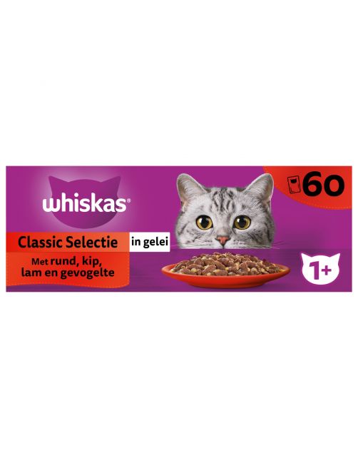 Whiskas 1+ Classic  Selectie In Gelei Maaltijdzakjes Multipack - Kattenvoer - Rund Kip Lam 60x85 g