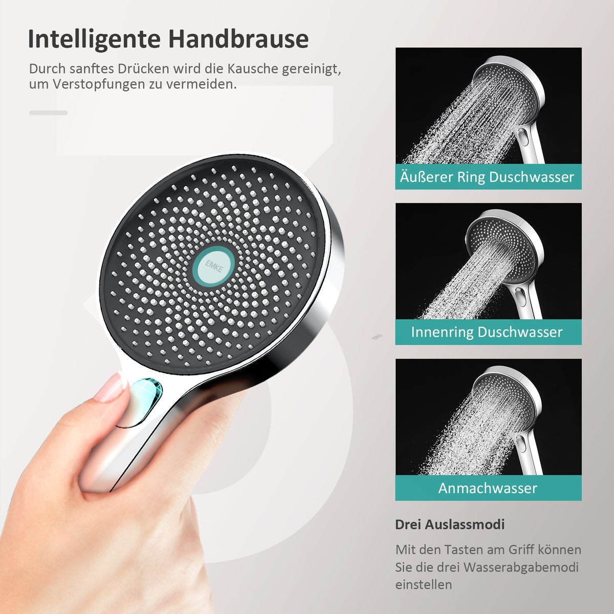 EMKE Douchesysteem Doucheset met thermostaat, regendouche en 3 straalsoorten, handdouche, 38°C thermostatische douchekolomset, douchefitting, vrije hoek- en hoogteverstelling