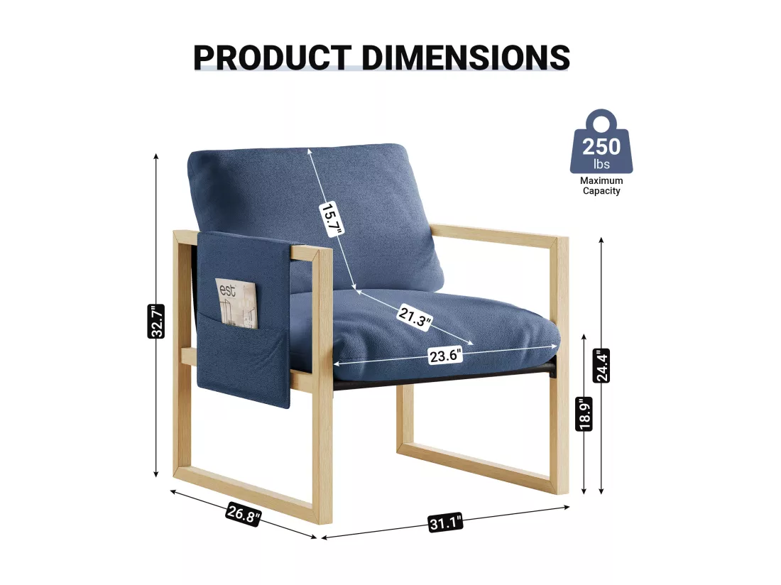 Fauteuil rembourré avec pied bois massif, avec Assise Épais, pour Salon et Chambre, tissu sherpa - 79x68x83CM - Bleu