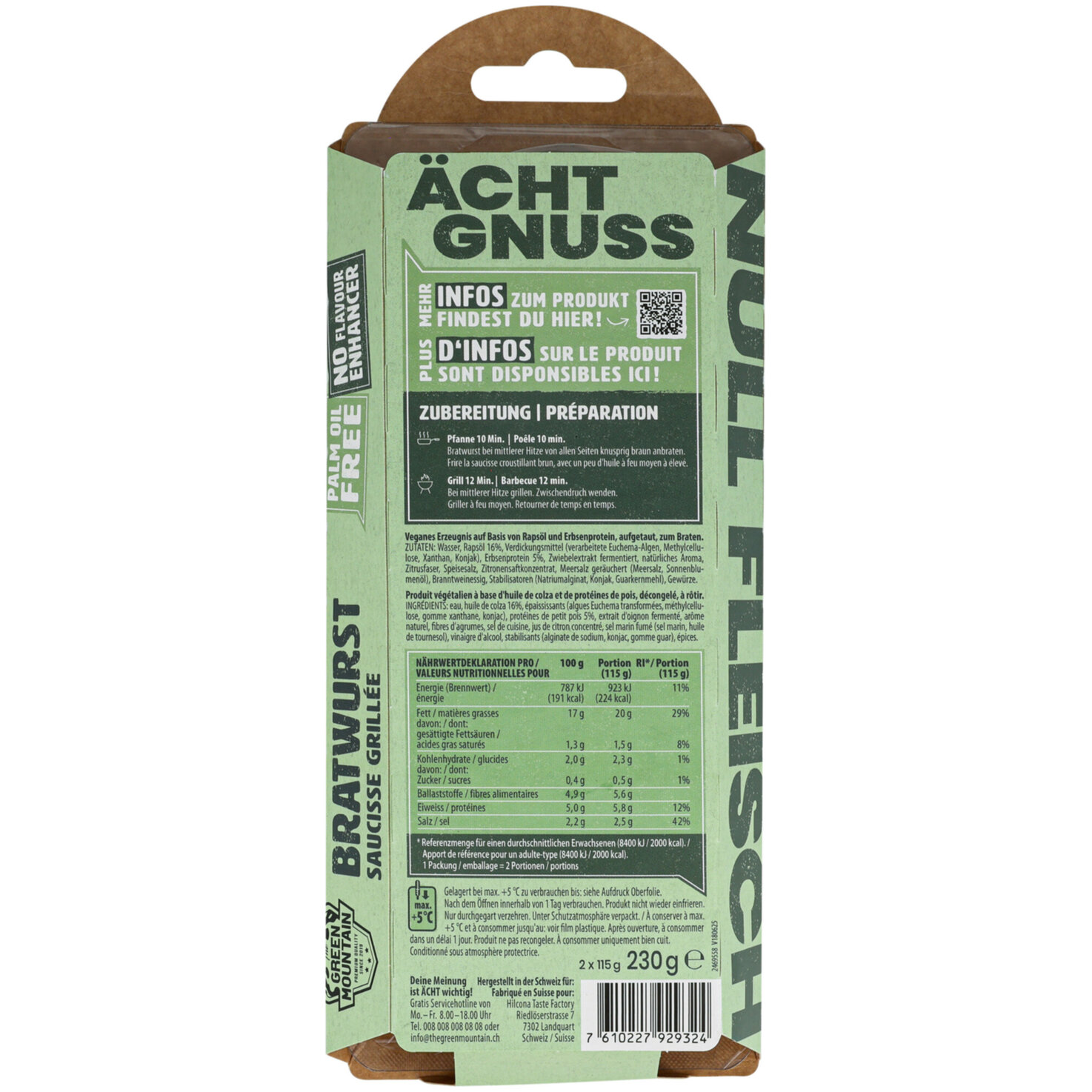 The Green Mountain plant-based vegane Alternative zu Bratwurst -