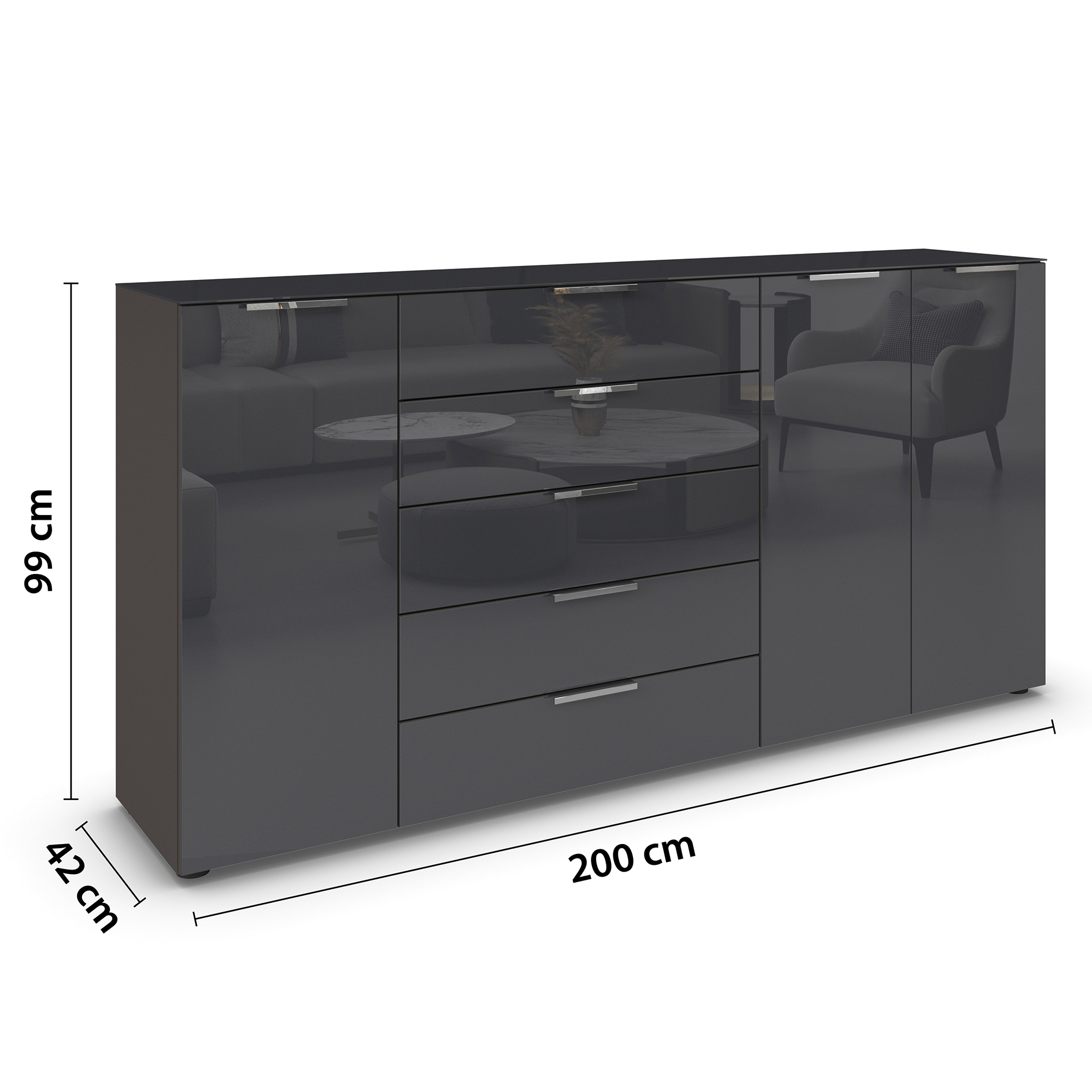 Kommode - graphit-Basaltglas - Chromgriffe - 199 cm