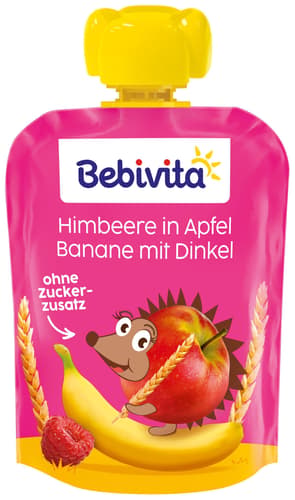 Bebivita Quetschbeutel Frucht und Getreide Himbeere in Apfel Banane mit Dinkel 4er Pack