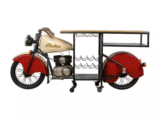 Barre porte-bouteilles moto en bois et métal rouge 220x40x100h