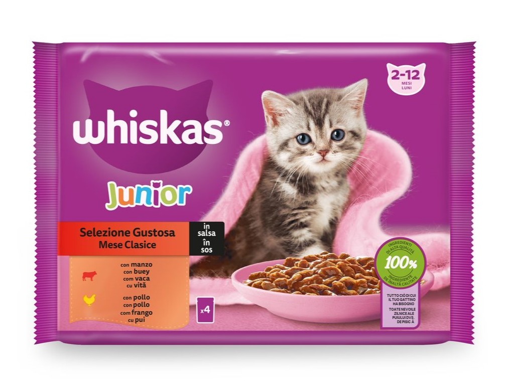 COMIDA HÚMIDA PARA GATO WHISKAS JÚNIOR CARNE 4X85G