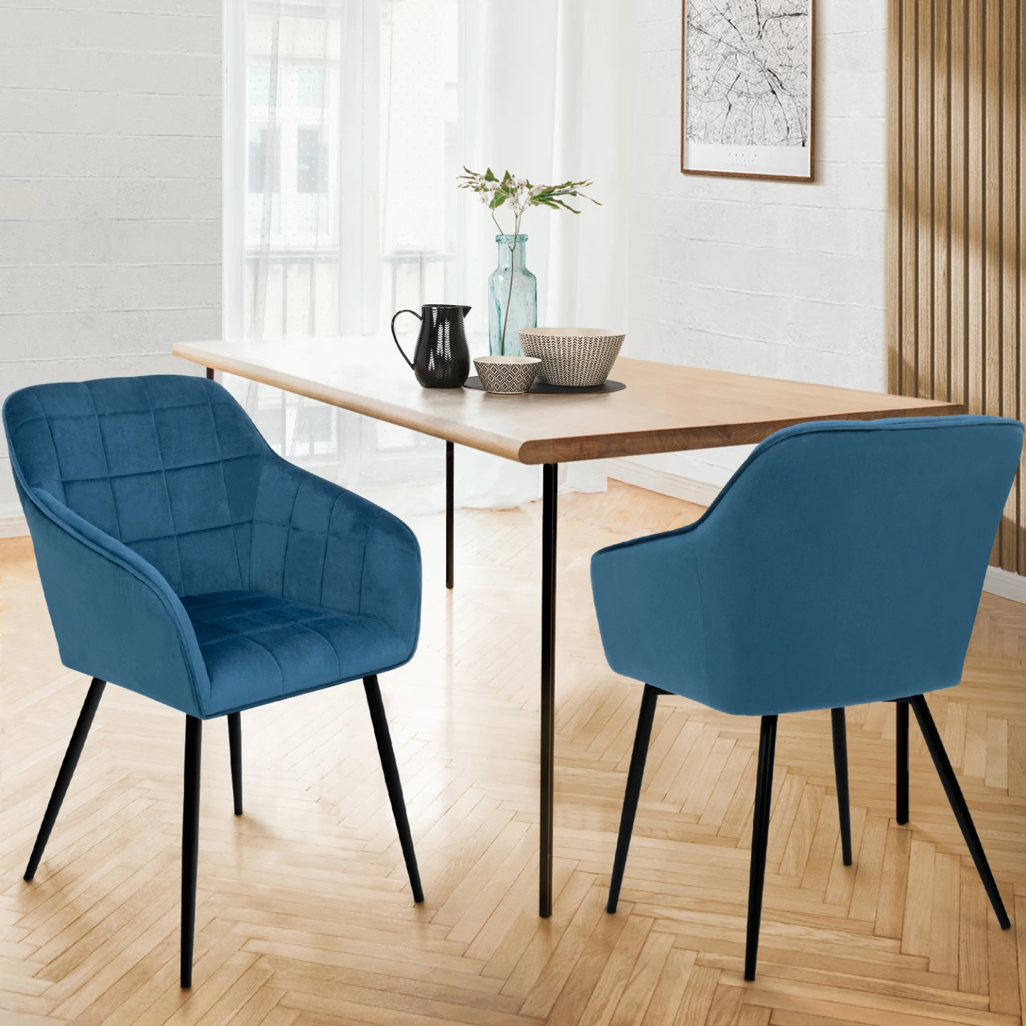 Lot de 2 chaises de salle à manger, fauteuils de table MADY en velours bleu canard