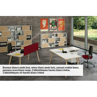 Bureau LEONARDO - 140 cm - Pieds bois - Blanc chants chêne
