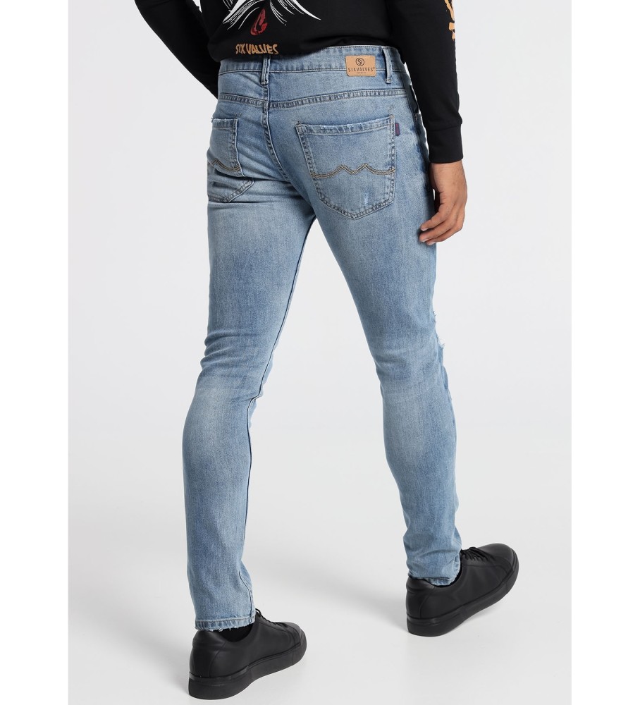 Calça Jeans Six Valves, Tamanho Médio, Azul Claro, Detalhes Danificados | Skinny Azul