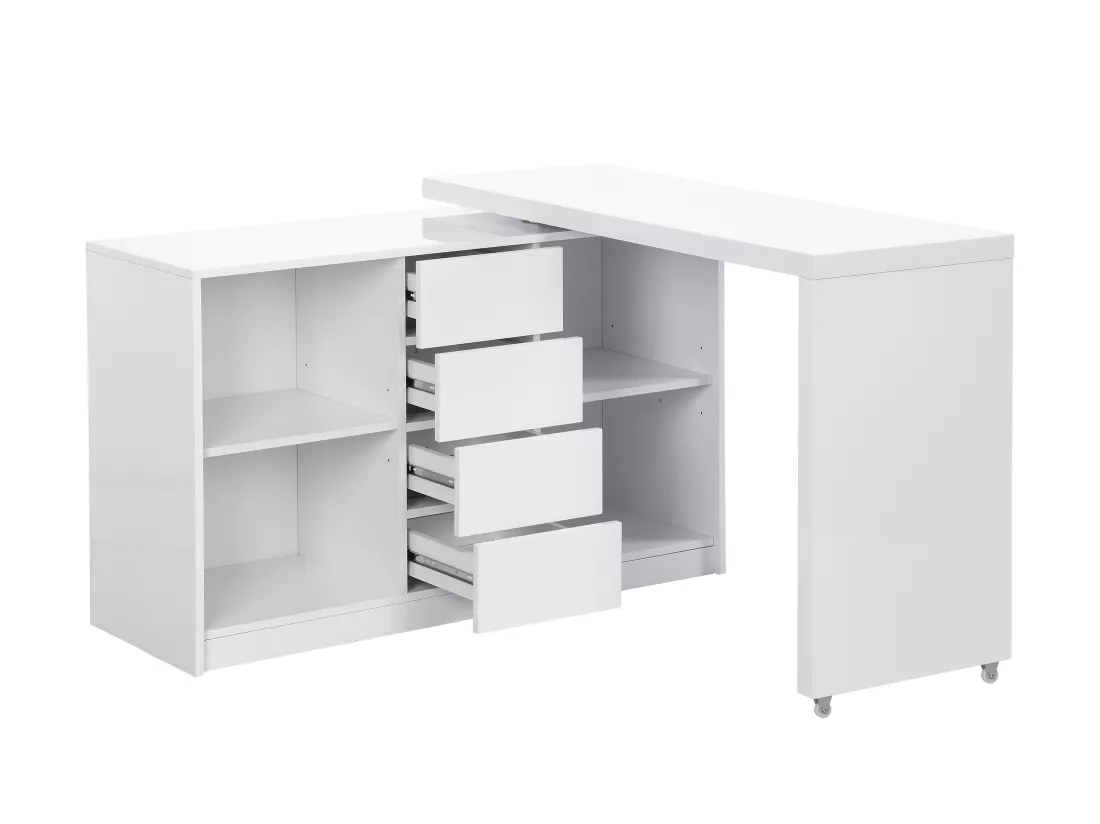 Bureau extensible avec plateau pivotant 360° - MDF - Blanc laqué - PAVELO