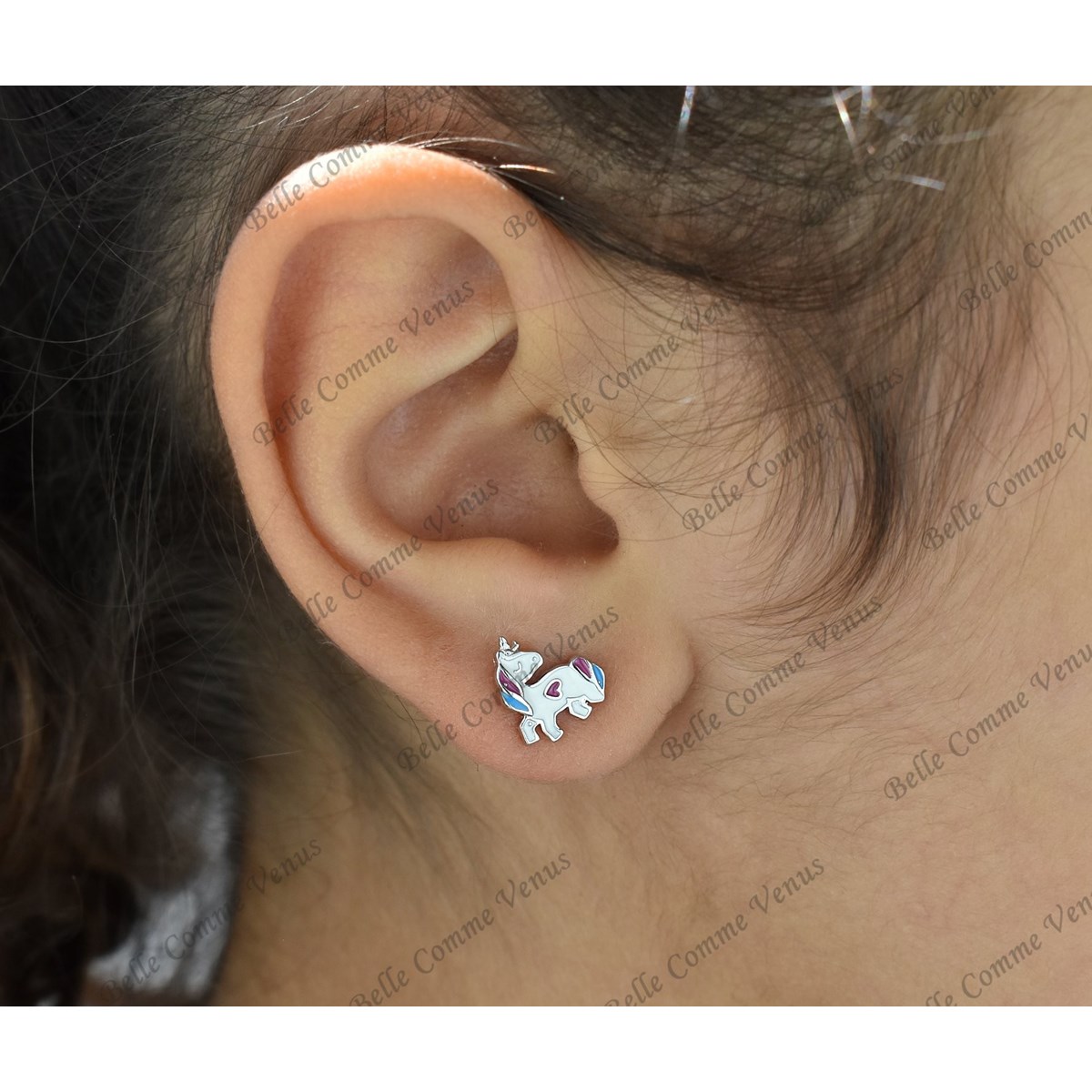 Boucles d'oreilles licorne coeur émail coloré Argent 925 Rhodié