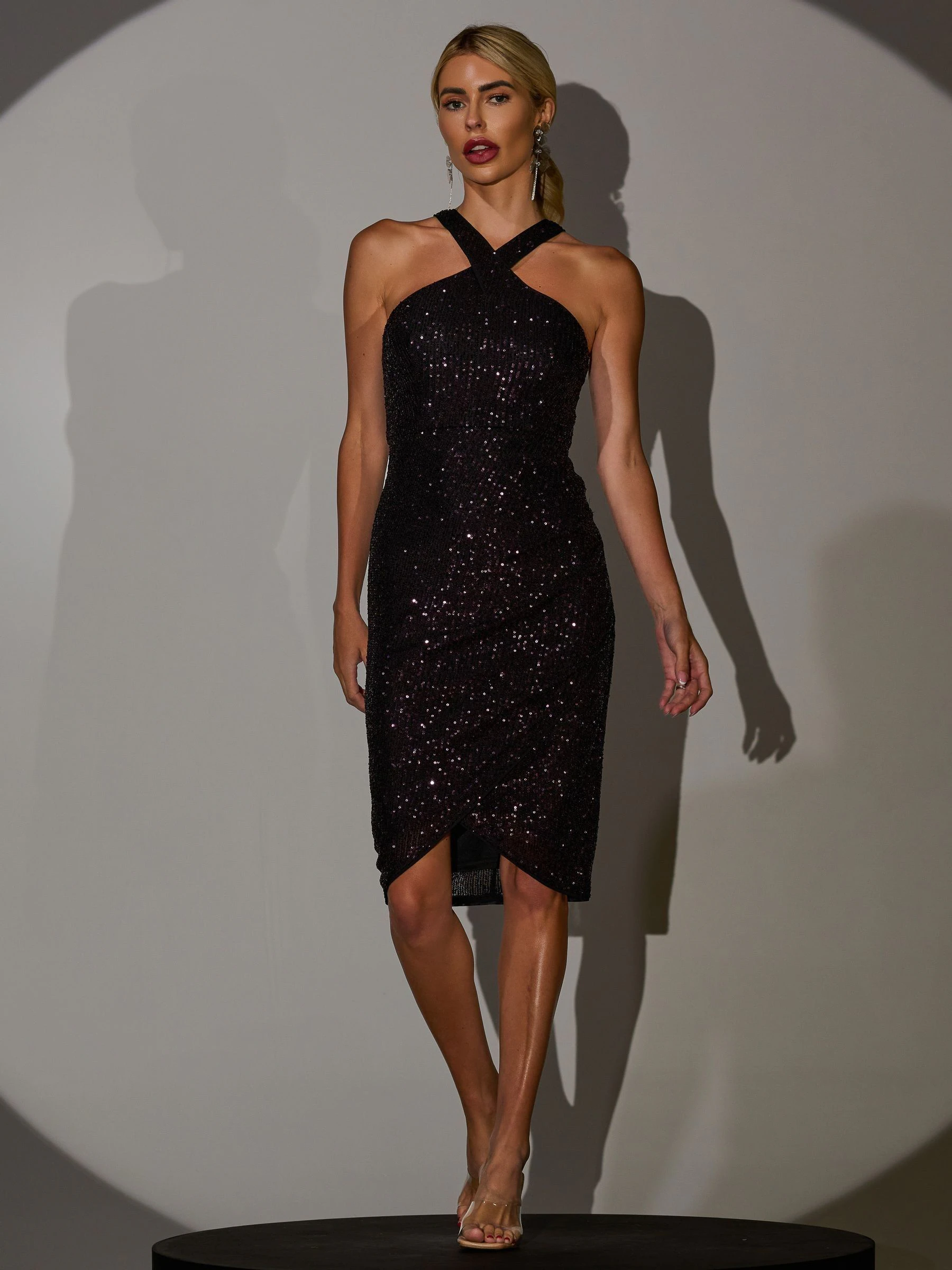 Jolie Moi Halter Neck Sequin Wrap Midi Dress
