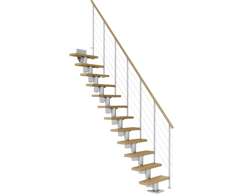 Pertura Spiros middentrap, parelgrijs, recht, 65 cm, eiken gelakte leuning, 11 treden / 12 stootborden