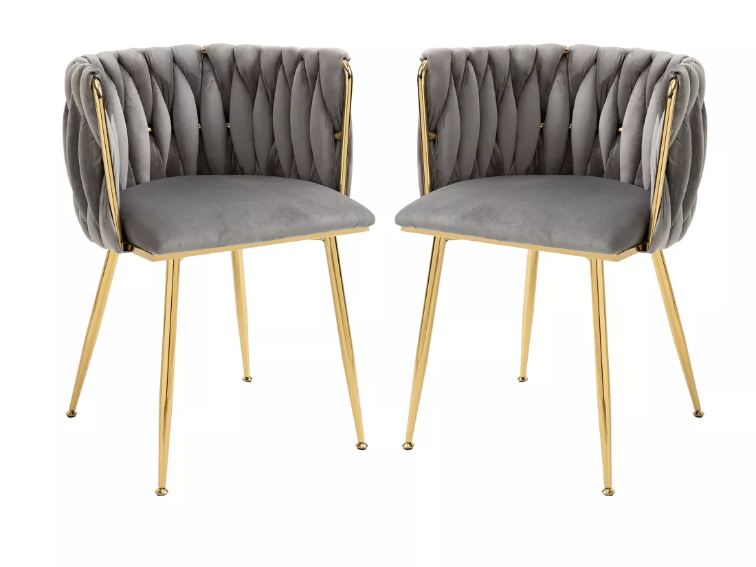 Lot de 2 Chaises de salle à manger luxueuses en velours, avec dossier tissé, pieds en métal, design moderne plaqué or, adaptées pour le salon et la chambre à coucher – Gris